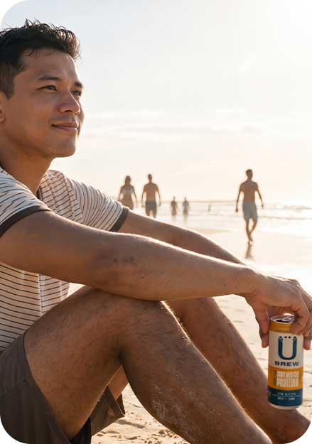 Homem bebendo na praia